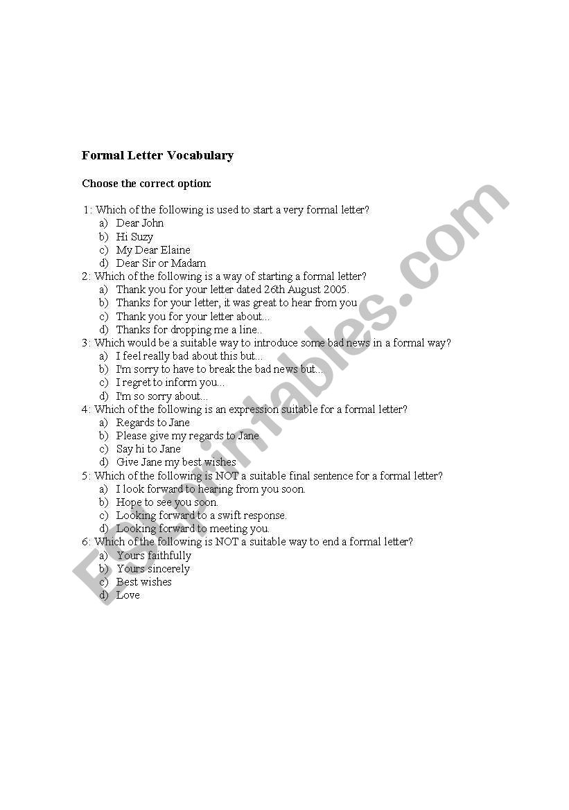 FORMAL LETTER worksheet