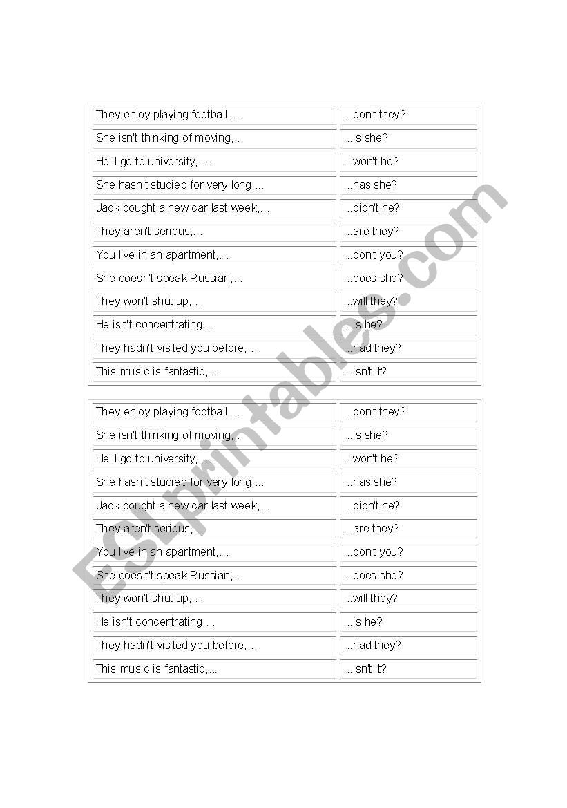 Question tag matching game worksheet