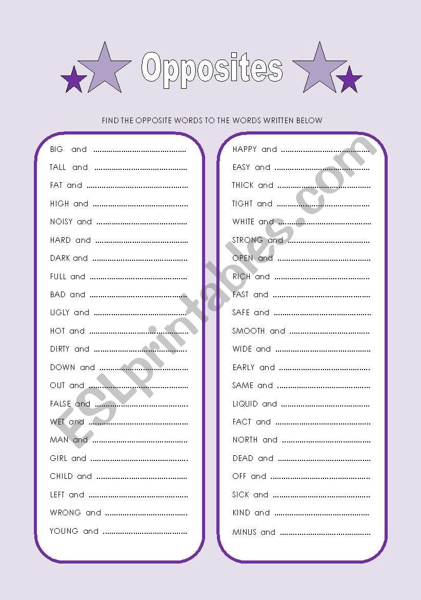 Opposites worksheet