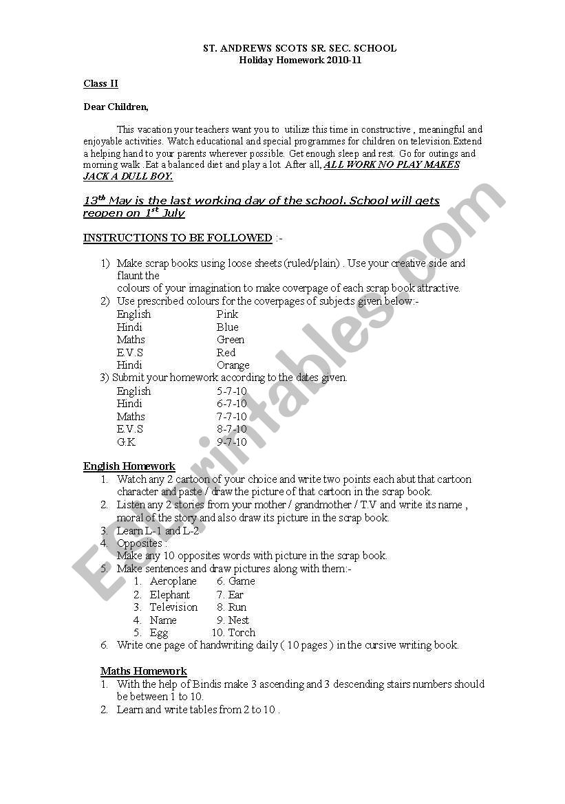 HoliDay Homework worksheet