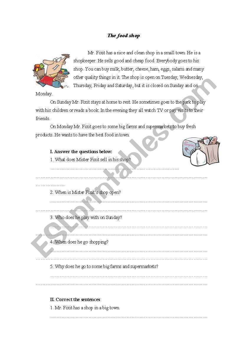 Reading - The food shop worksheet