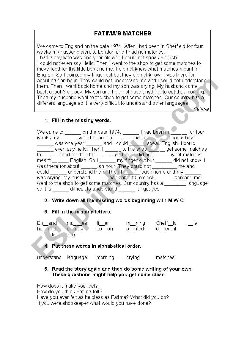 reading fatimas matches worksheet