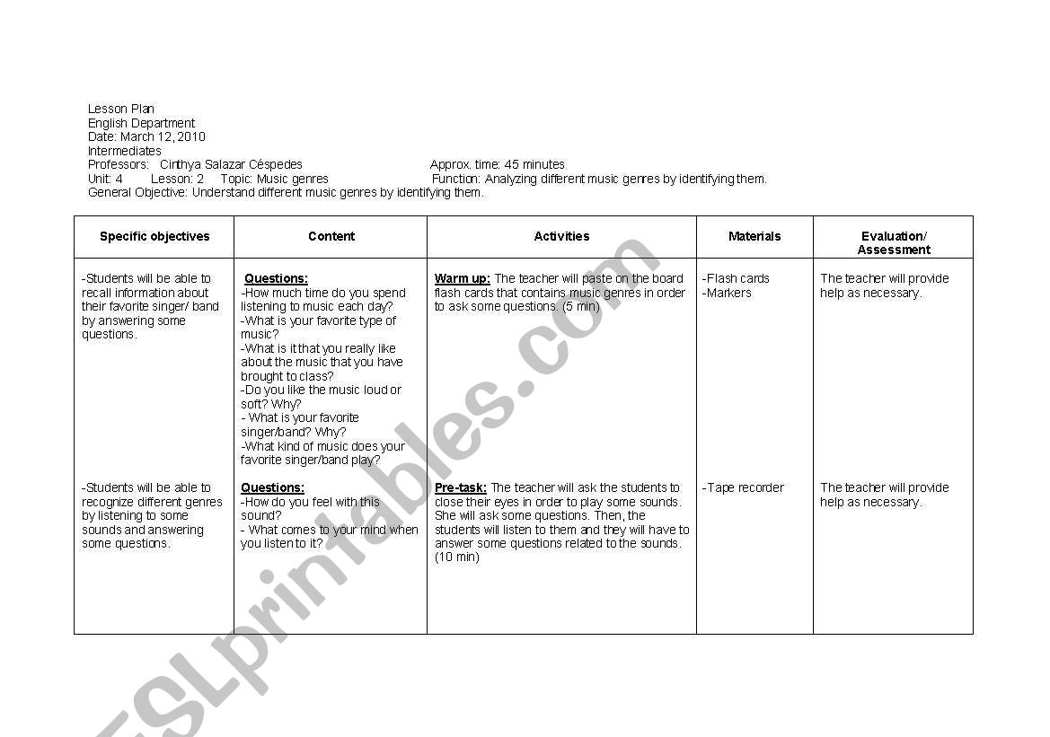 Music Genre worksheet