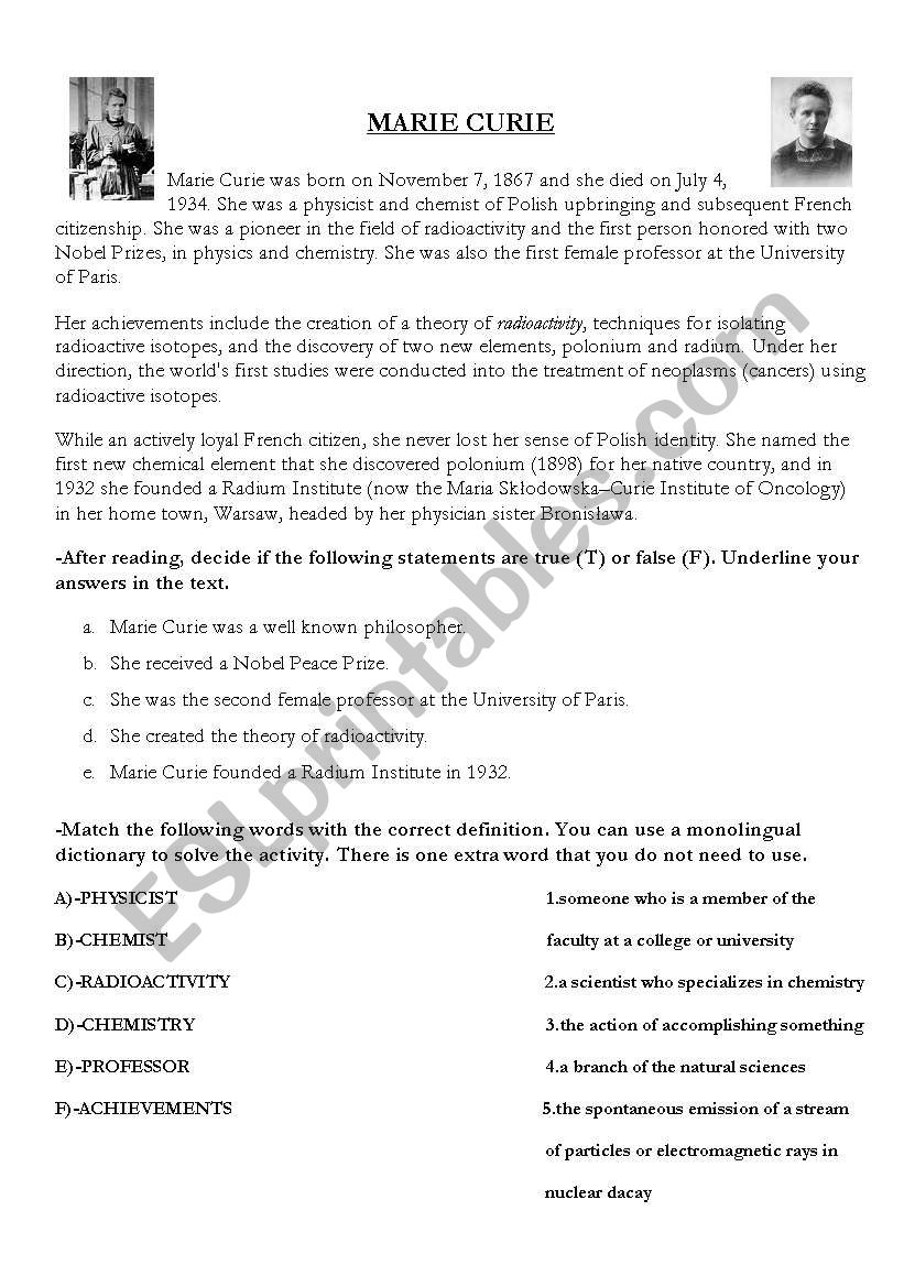 MARIE CURIE worksheet