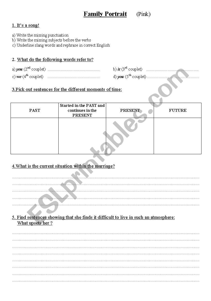 Family portrait (pink) worksheet