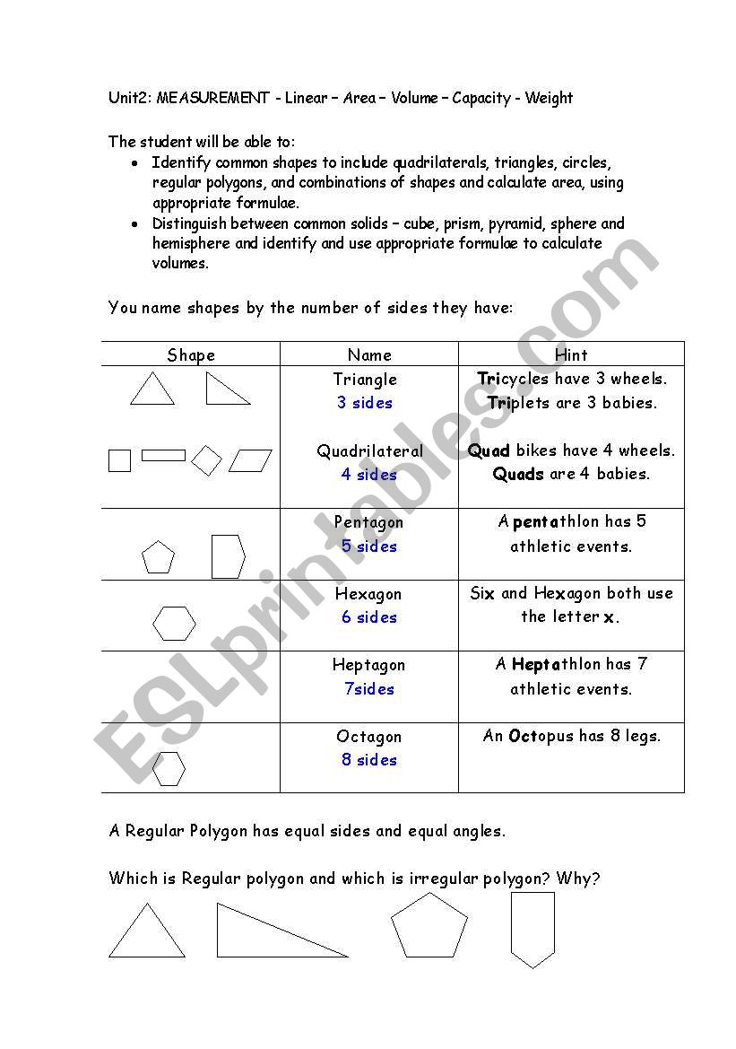 2D and 3D shapes worksheet