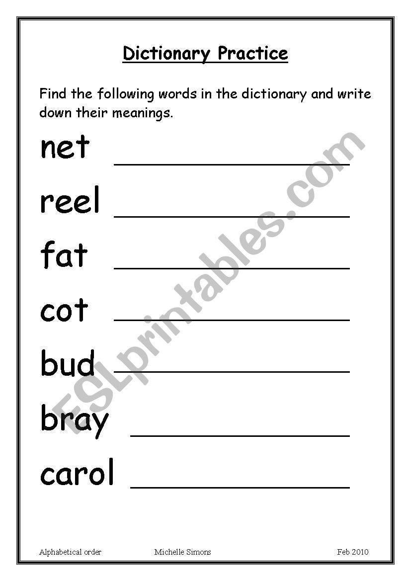 Dictionary Practice worksheet