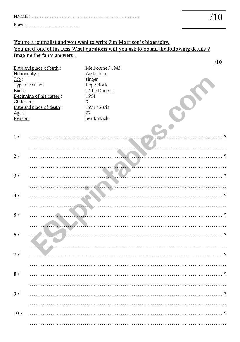 Jim Morrisons biography worksheet