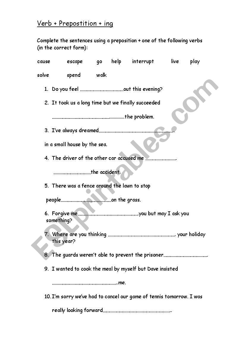 Preposition + verb worksheet