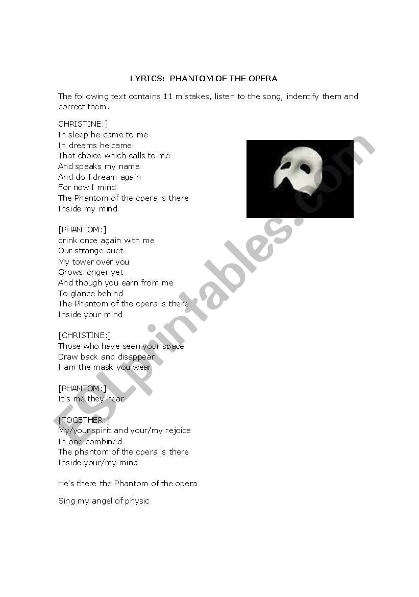 Phantom of the Opera worksheet