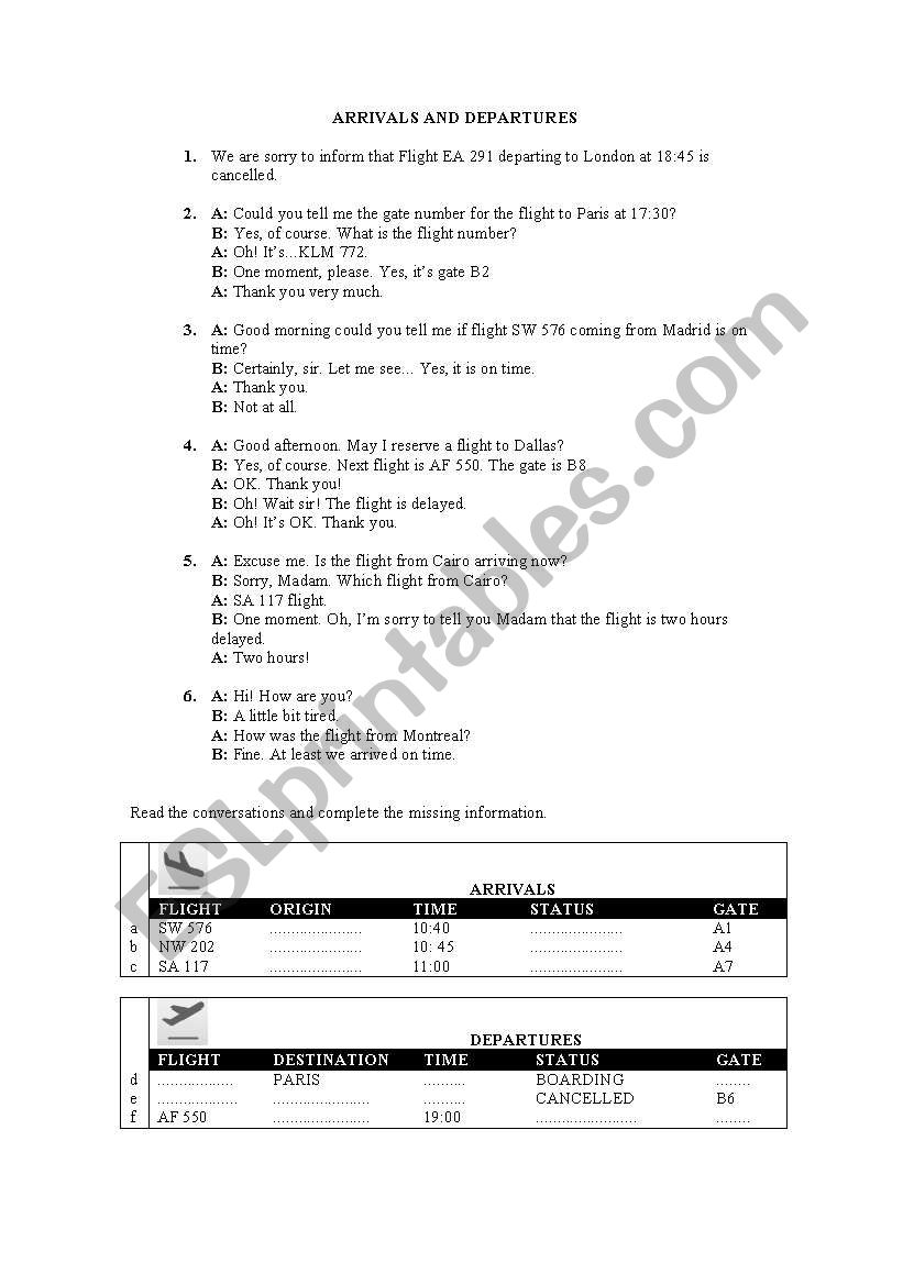 arrivals and departures worksheet