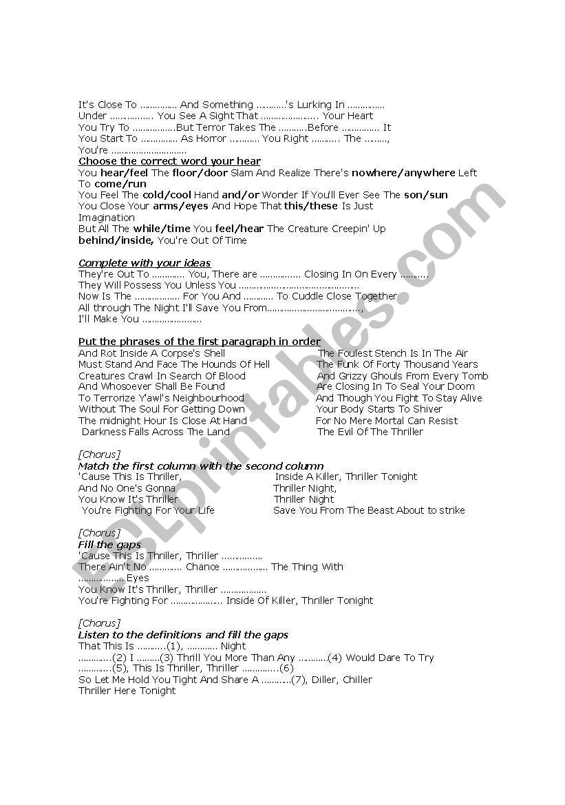 thriller worksheet