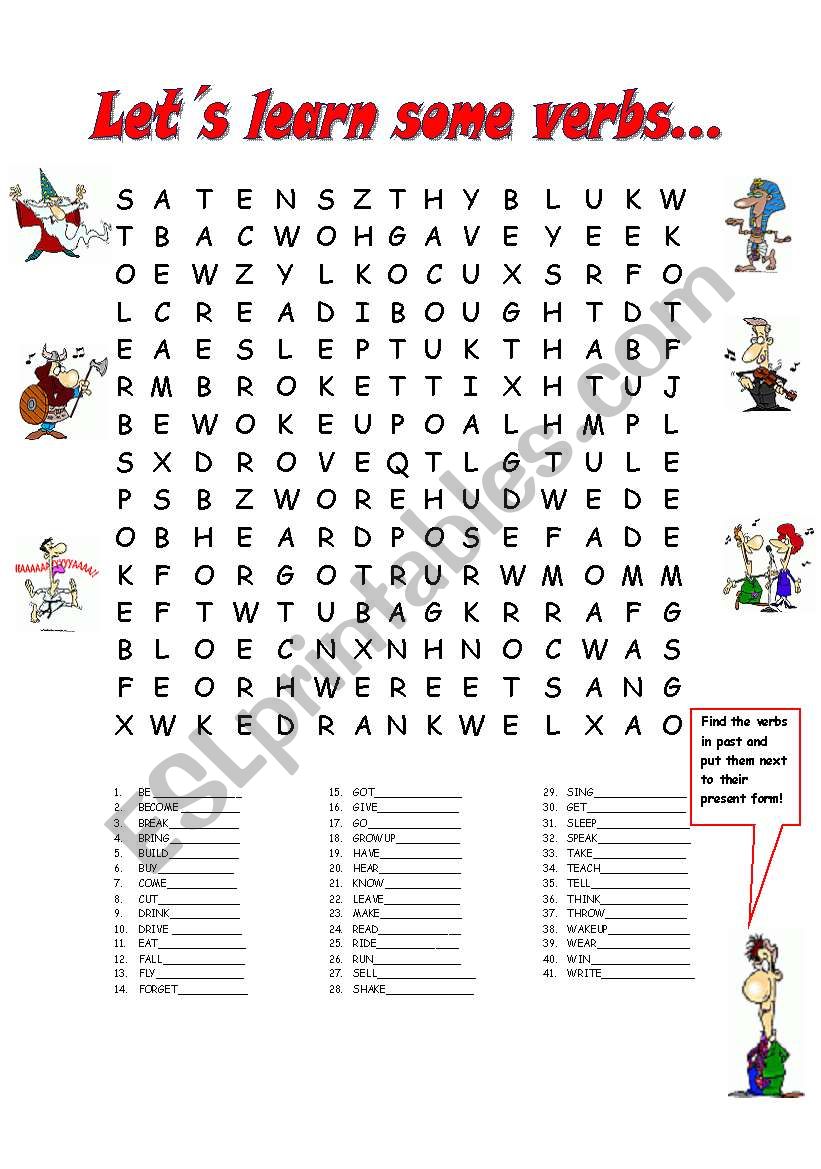 irregular verb wordsearch in present and past tense