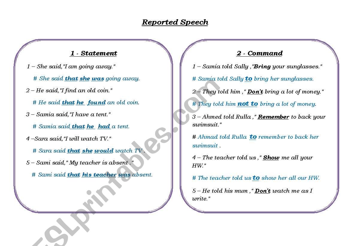 reported speech  worksheet