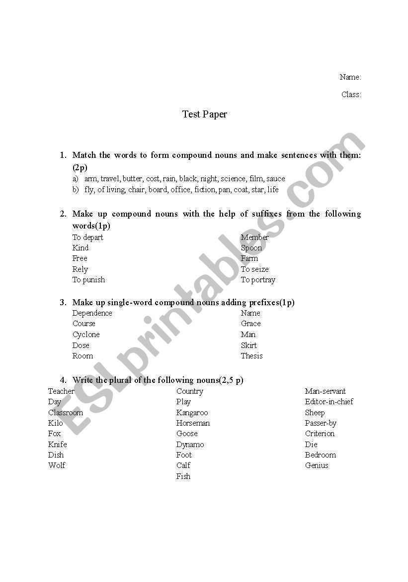 plural of nouns test worksheet