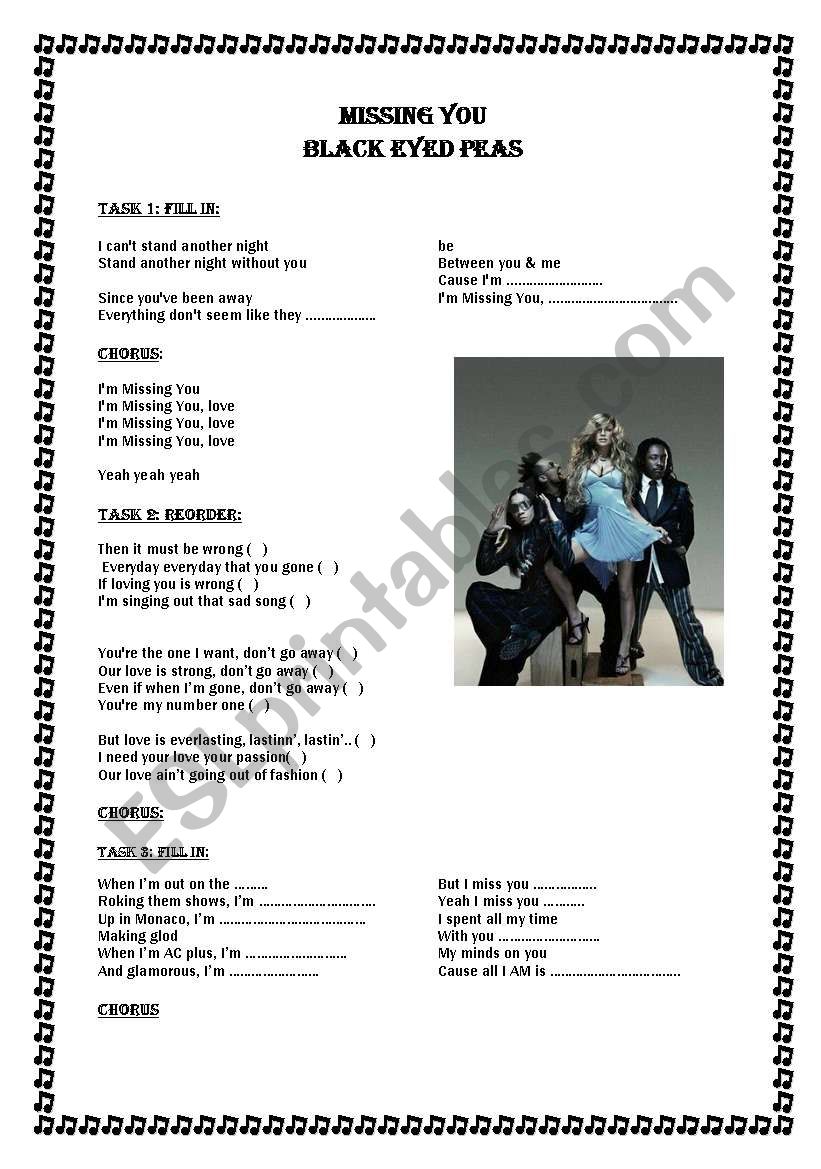 Missing you Black Eyed Peas worksheet