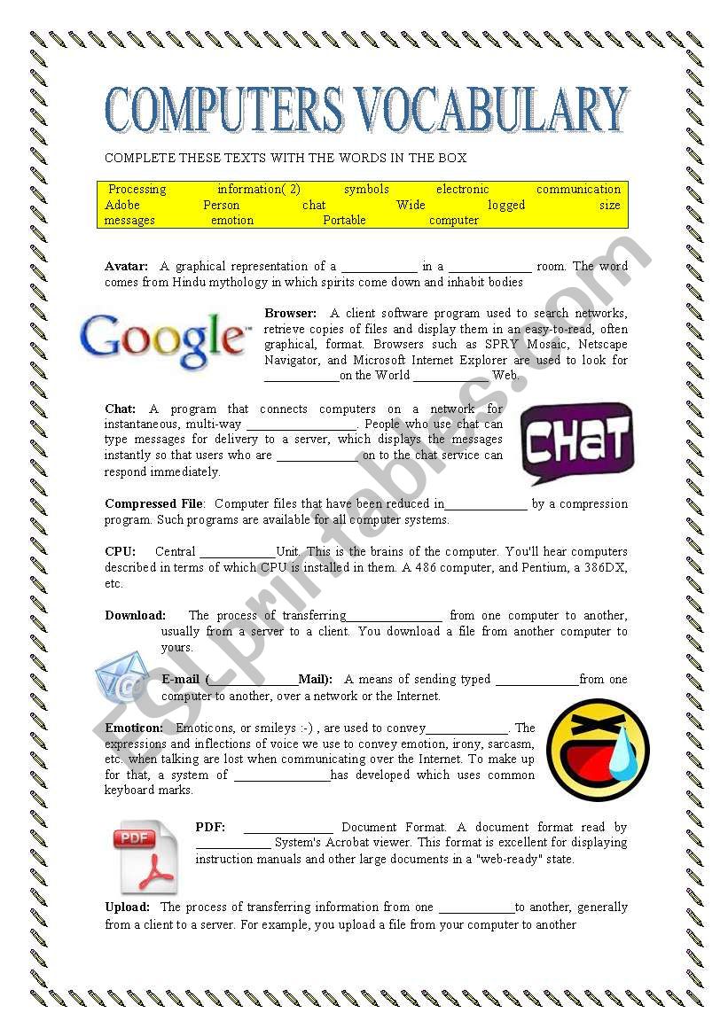 computers vocabulary worksheet