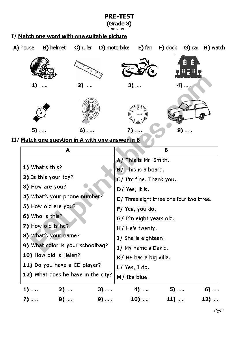 English pretest worksheet