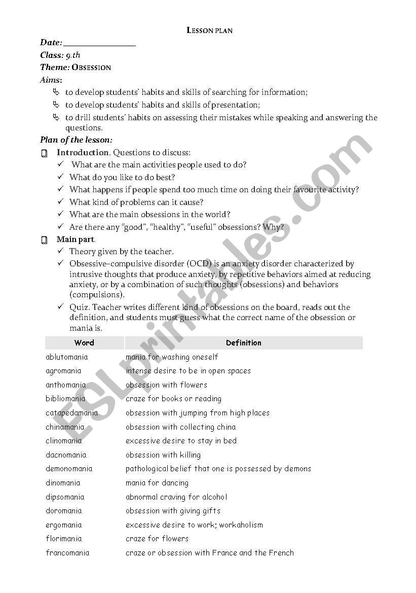 Obsessions worksheet
