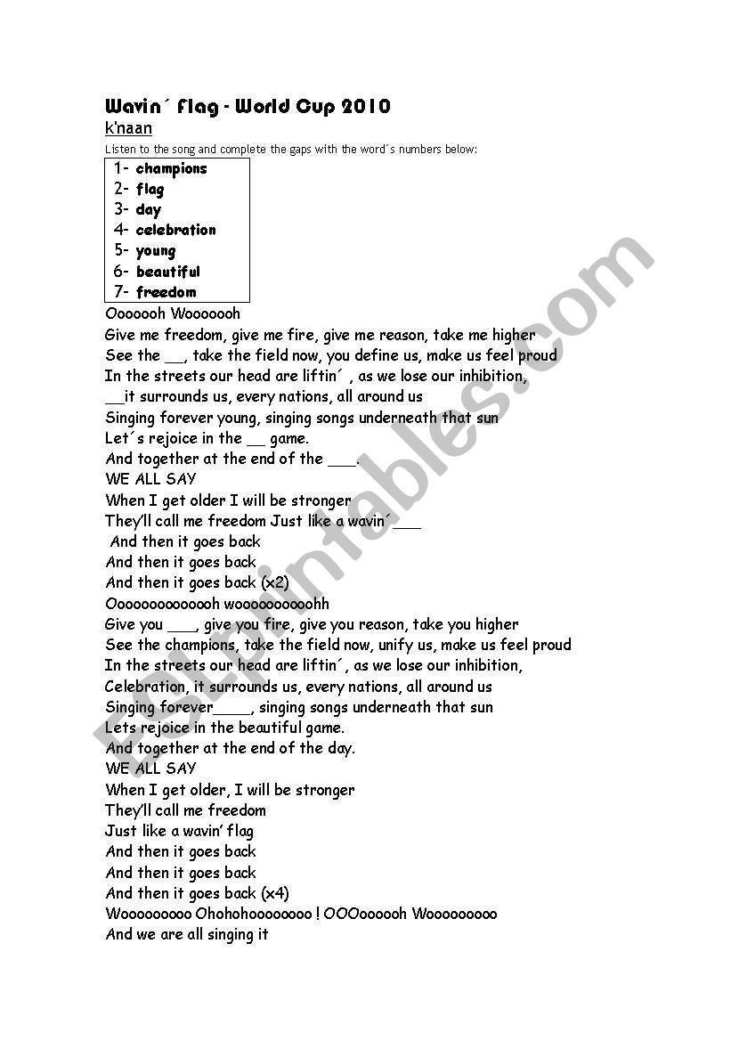 Waving flag World cup song worksheet