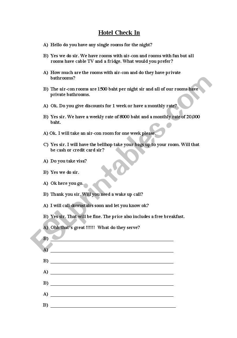 Checking into a Hotel worksheet