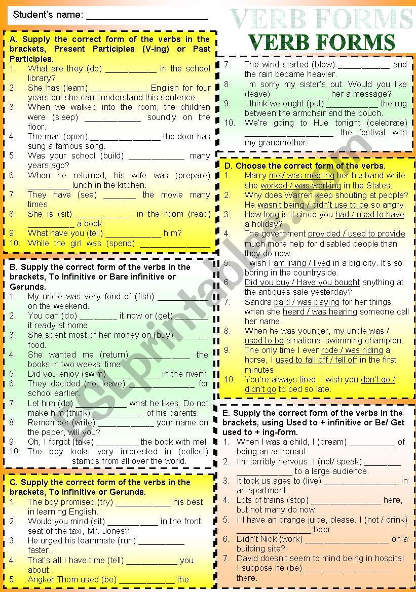 VERB FORMS worksheet