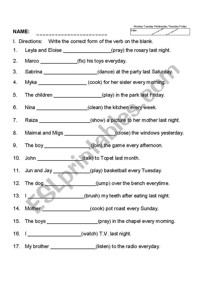 Verb Forms Worksheet For Class 4