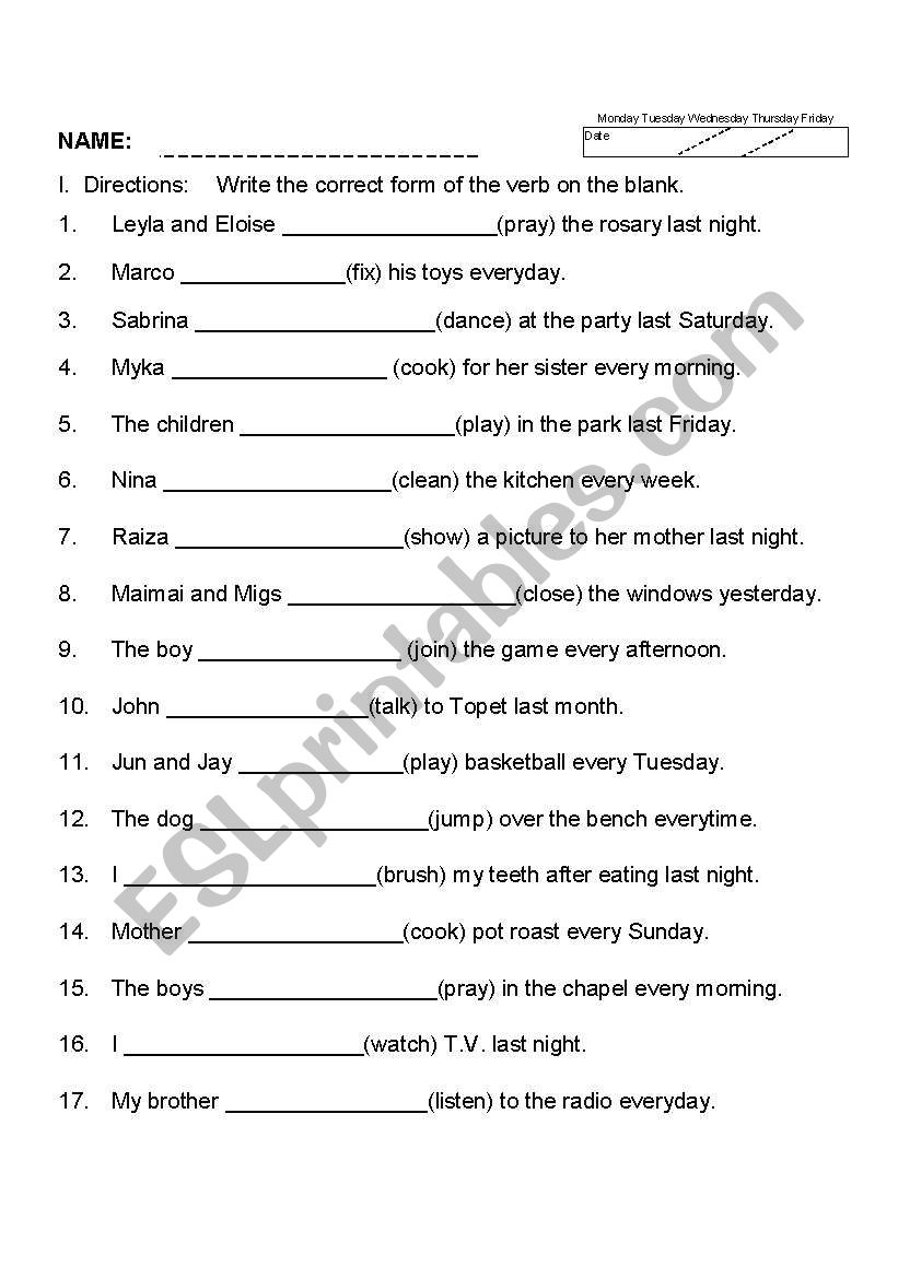 Forms Of Verb Worksheets