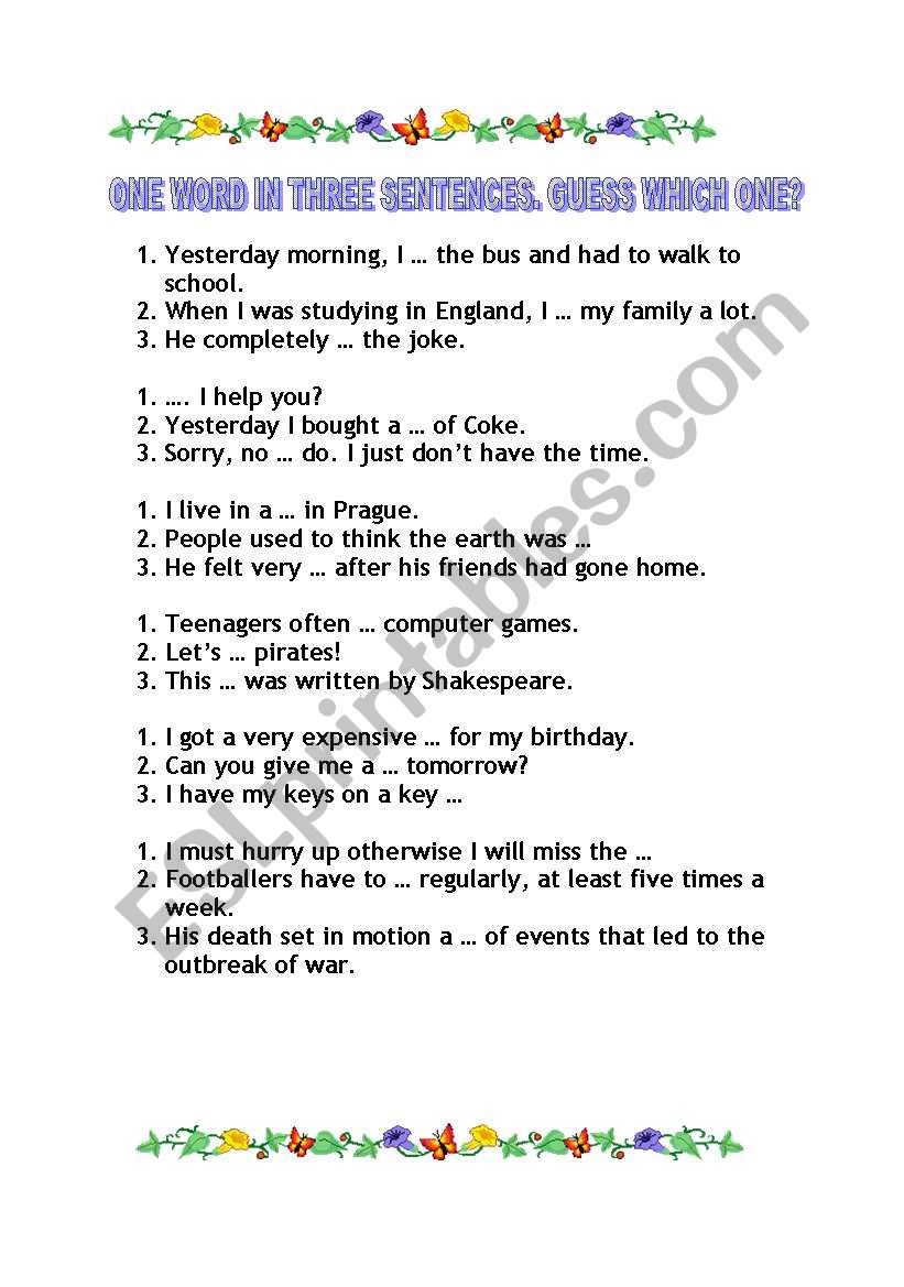 One word in three sentences 1 worksheet