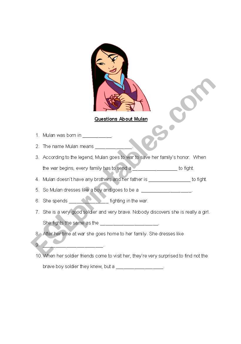 Mulan worksheet