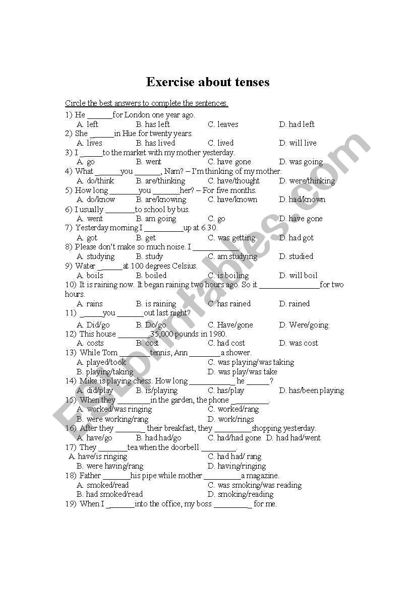 excercise about tenses worksheet