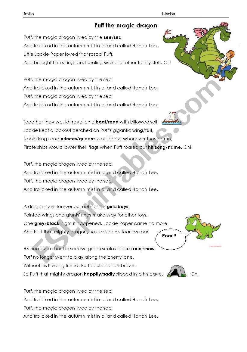 Puff the magic dragon worksheet