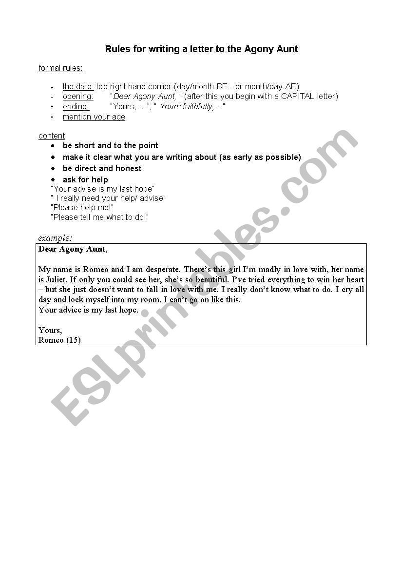 a letter to the Agony Aunt worksheet