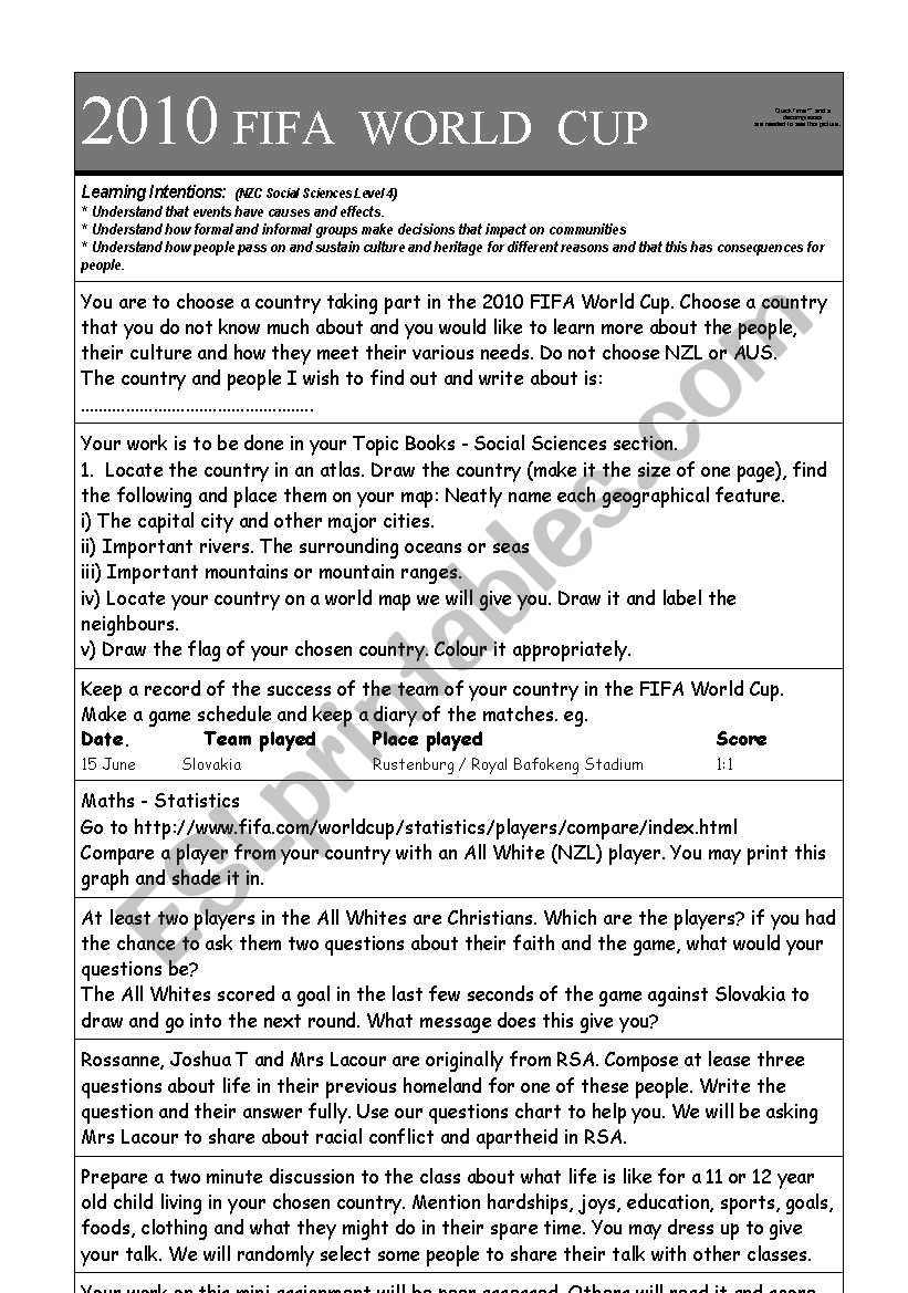 FIFA World Cup 2010 worksheet