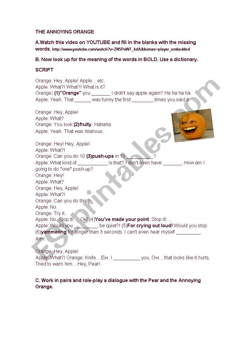 THE ANNOYING ORANGE ACTIVITY worksheet