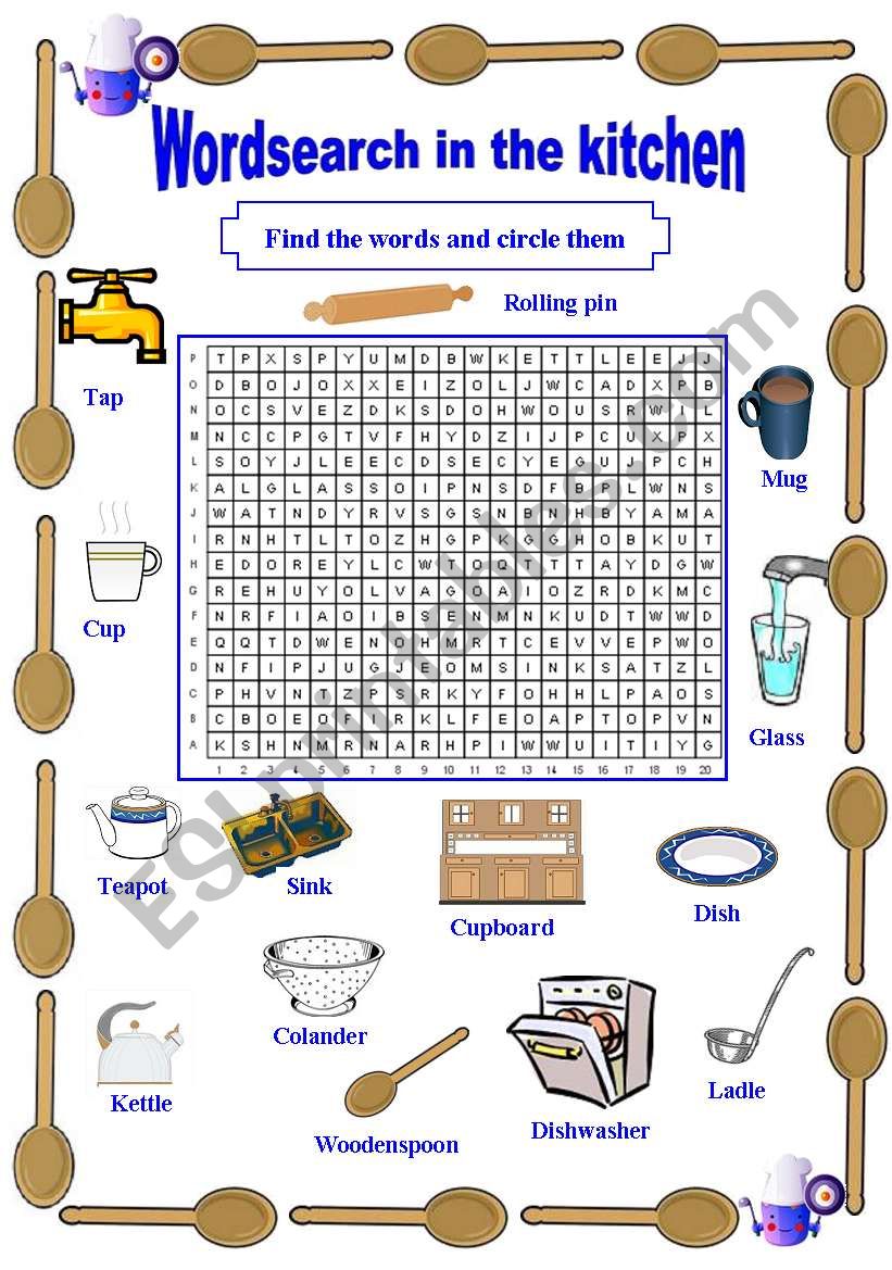 Wordsearch in the kitchen worksheet