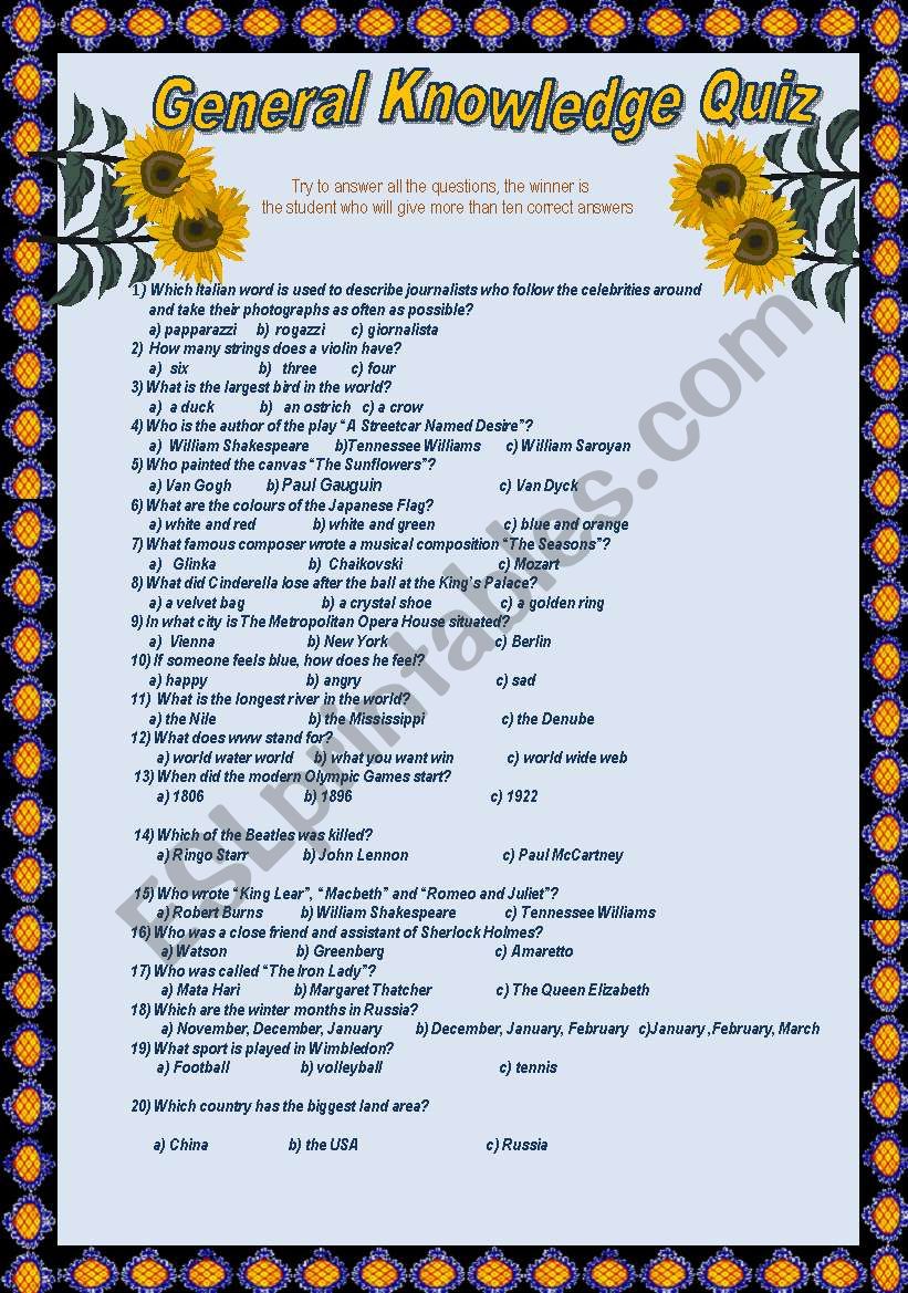 General Knowledge Quiz ESL Worksheet By Savvinka
