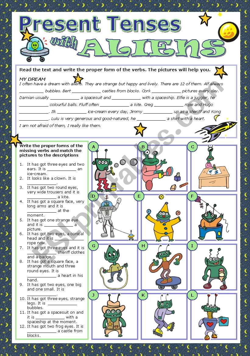 PRESENT TENSES WITH ALIENS worksheet