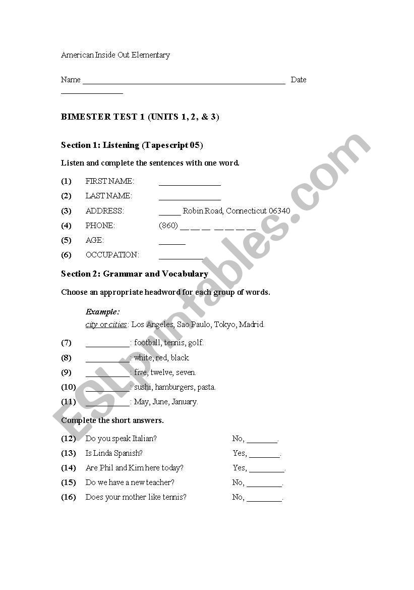 Exercise worksheet