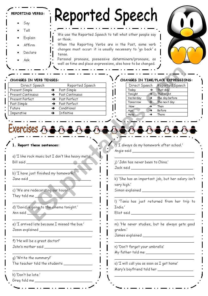 REPORTED SPEECH EXERCISES worksheet