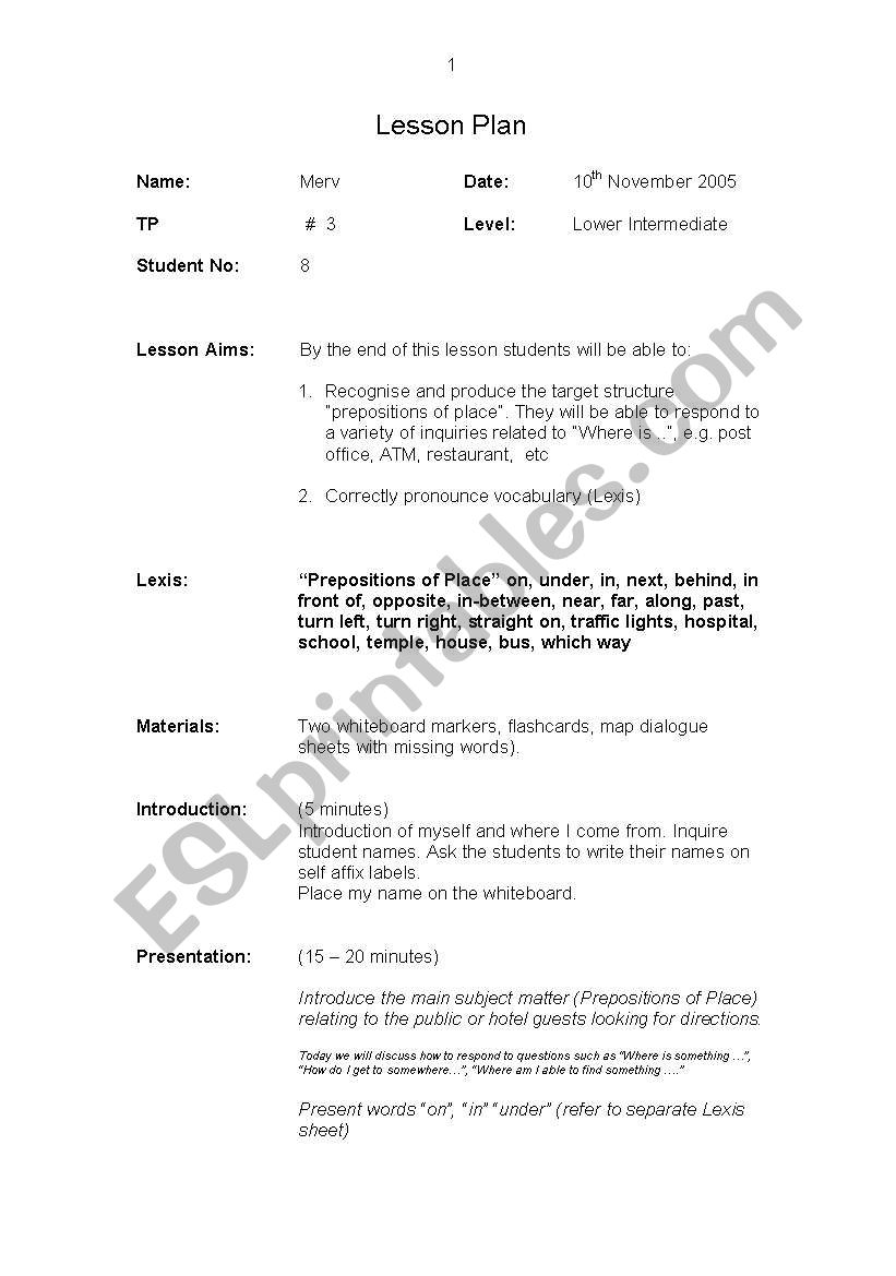 Prepositions of Place worksheet