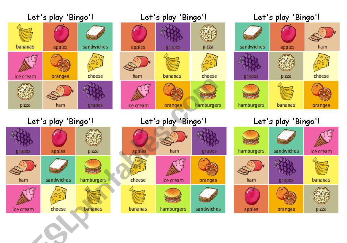 Food bingo worksheet