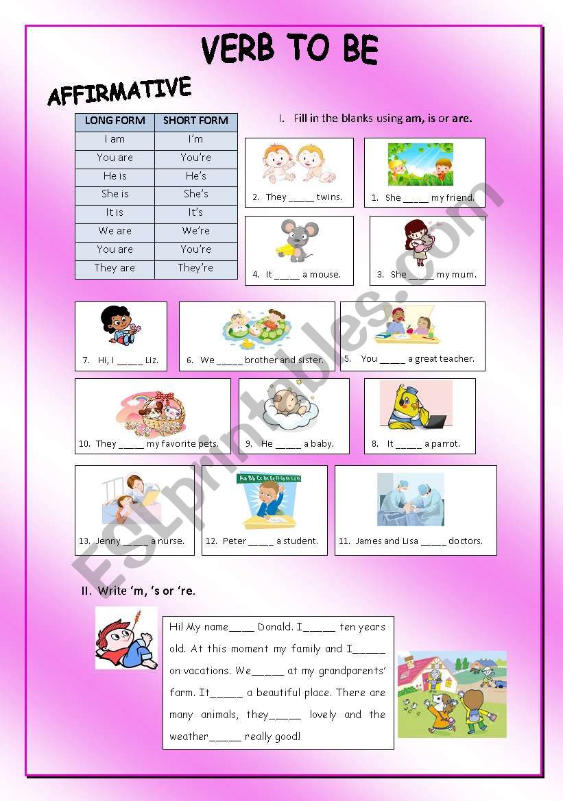 VERB TO BE - AFFIRMATIVE - LONG AND SHORT FORM