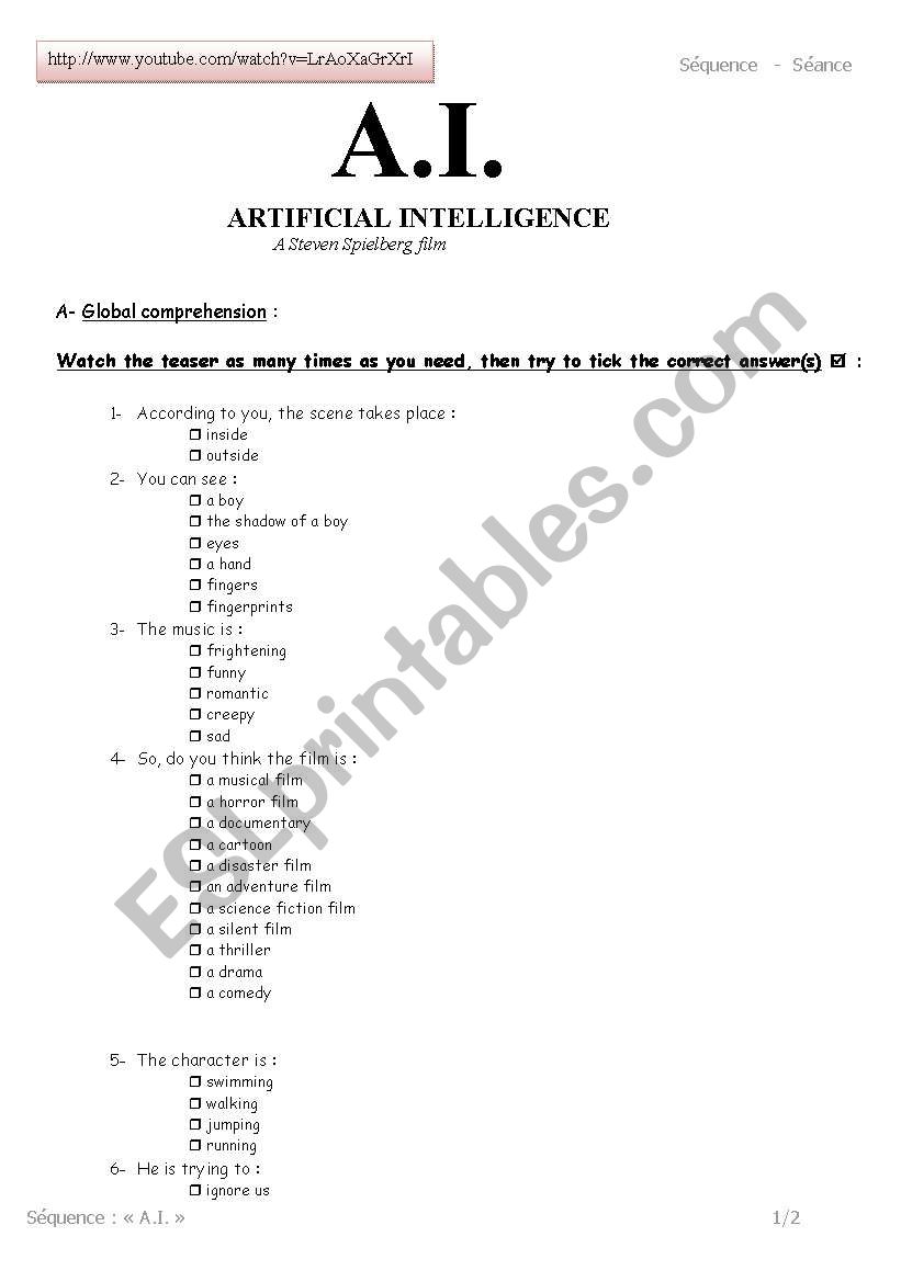 A.I. Teaser worksheet