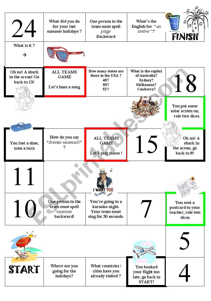 summer holidays boardgame worksheet