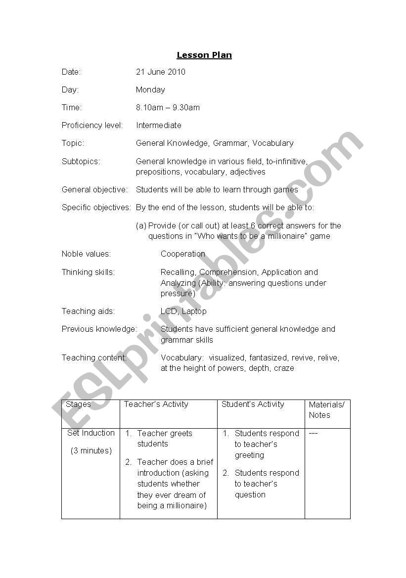 Lesson Plan - Who Wants to be a Millionare game