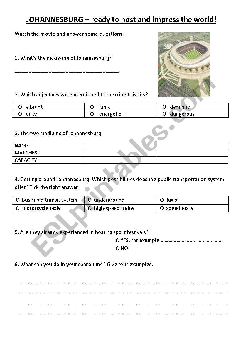 johannesburg, world cup worksheet