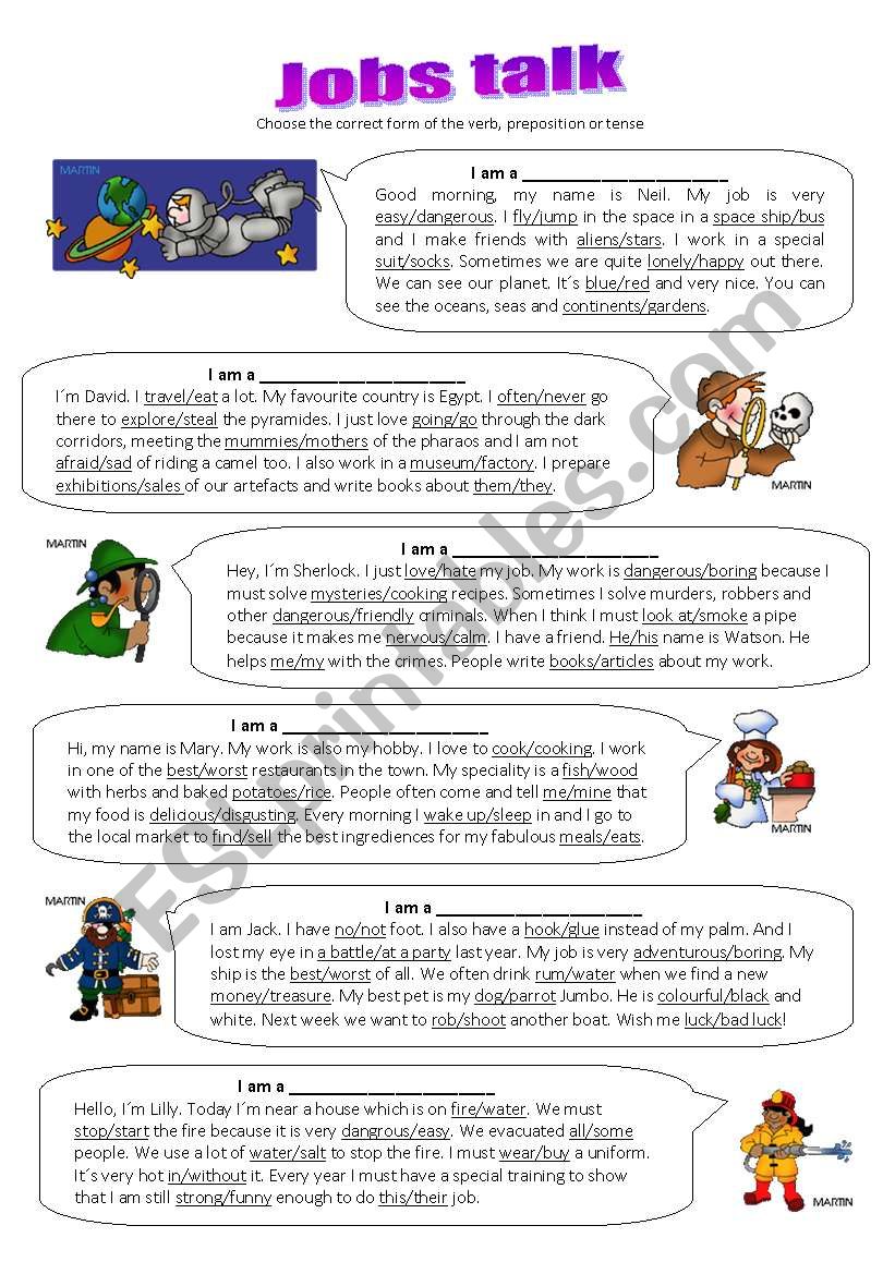 Job talk - choose the correct form of the verb, noun or pronoun