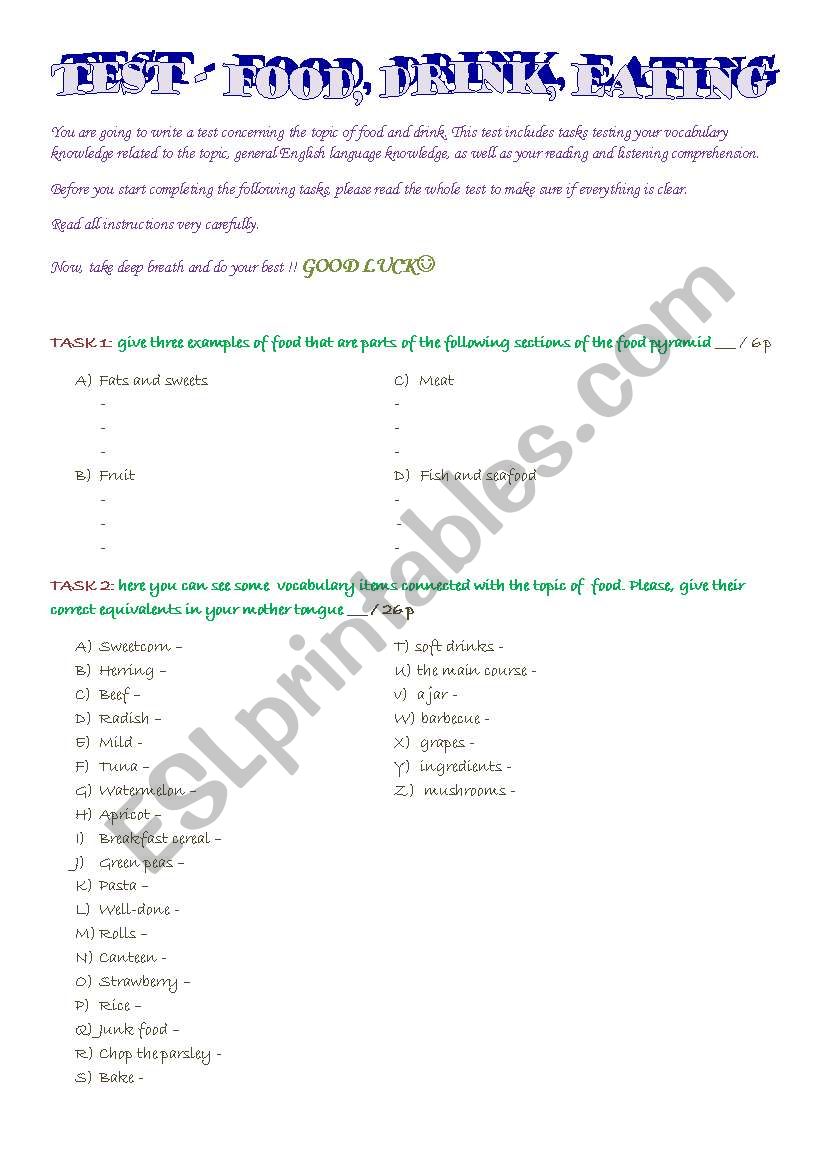 test - food, drink, eating worksheet