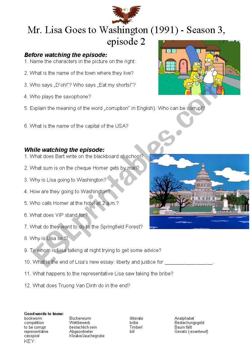 Mr. Lisa goes to Washington (Simpsons, Season 3) - worksheet